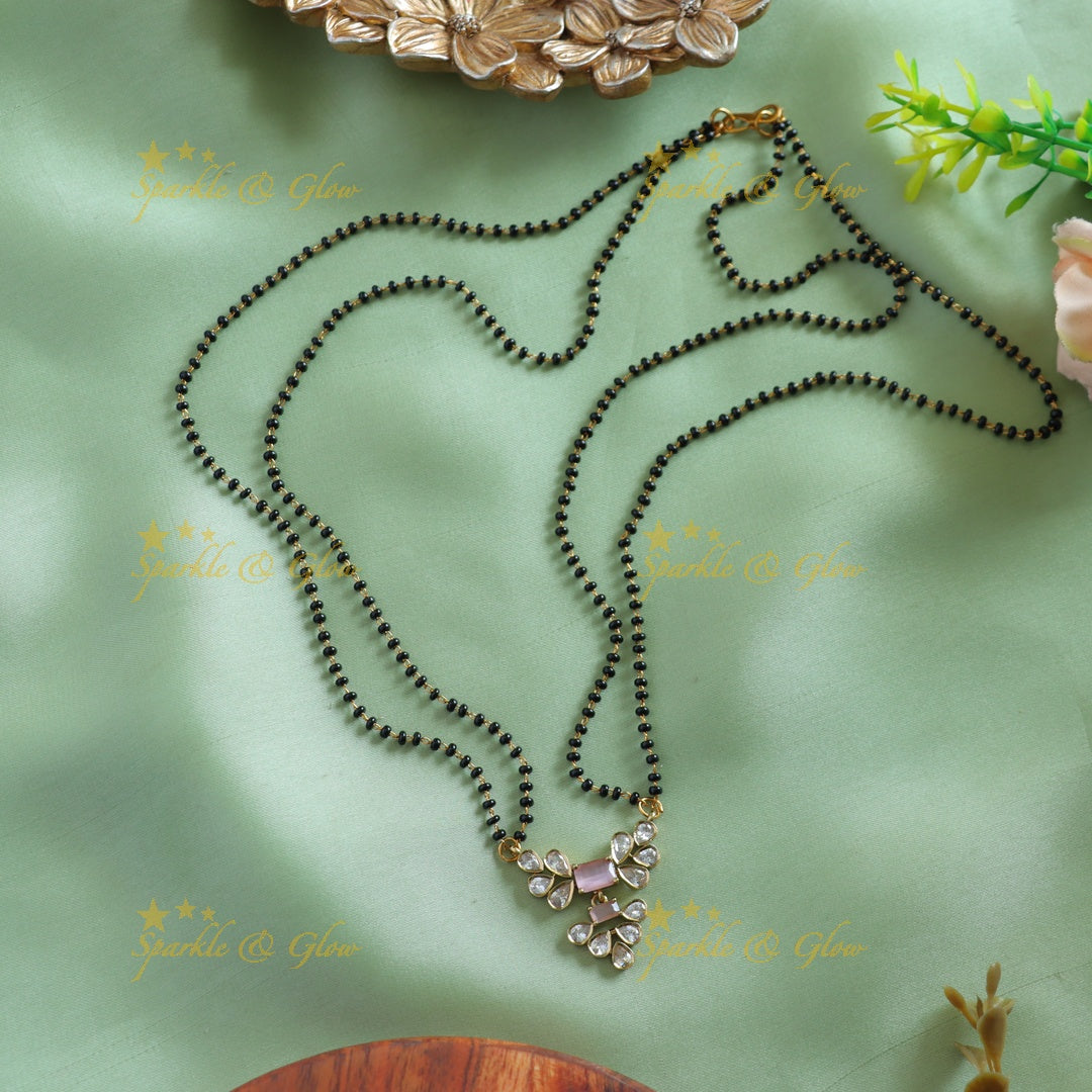 Beautiful Leaflet design stone pendant two layer black beads chain , mangalsutra - purple