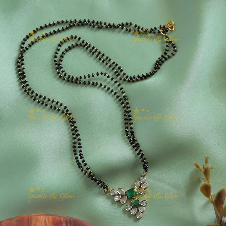 Beautiful Leaflet design stone pendant two layer black beads chain , mangalsutra - pink green