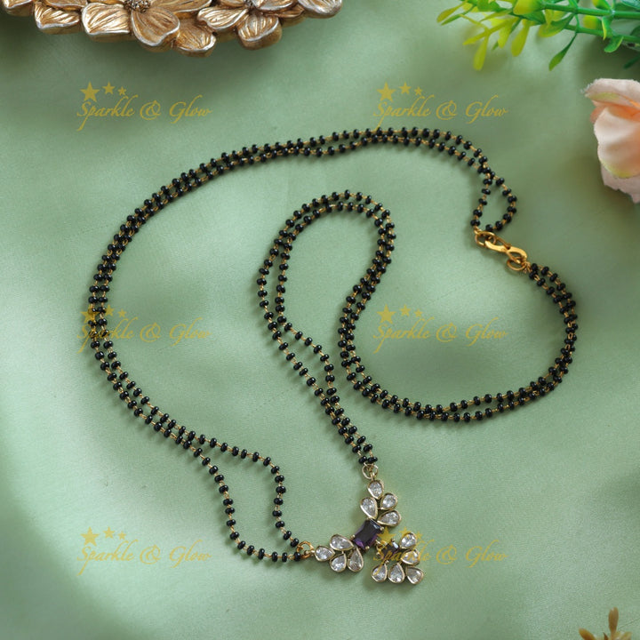 Beautiful Leaflet design stone pendant two layer black beads chain , mangalsutra - purple