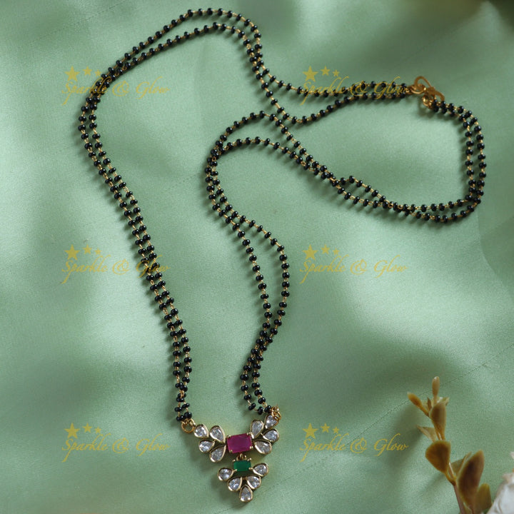 Beautiful Leaflet design stone pendant two layer black beads chain , mangalsutra - mint green