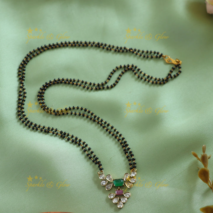 Beautiful Leaflet design stone pendant two layer black beads chain , mangalsutra - pink