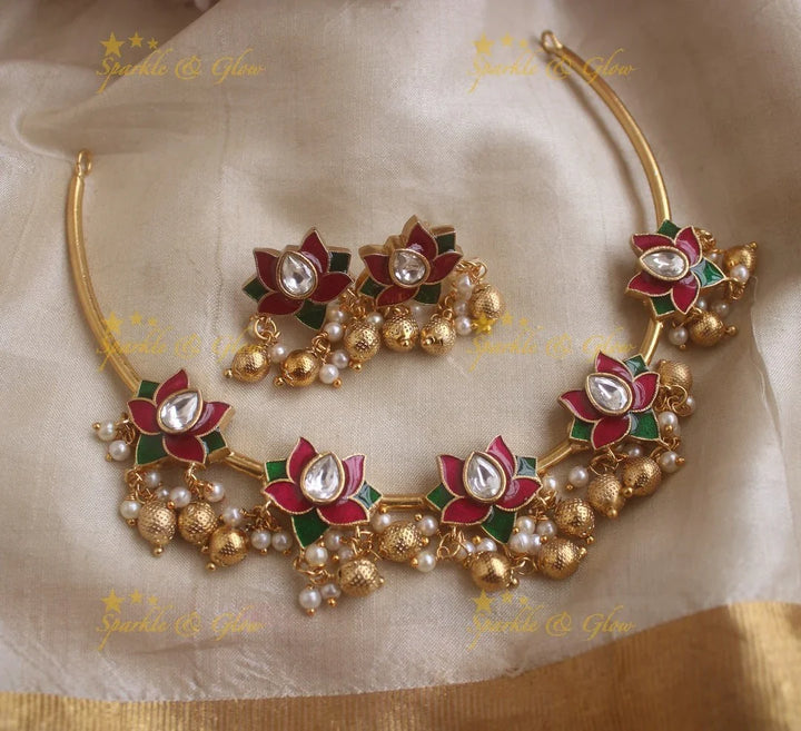 Sparkling Lotus Floral design Hasli Short necklace with Gold beads - Sparkle and Glow