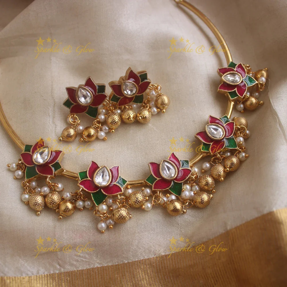 Sparkling Lotus Floral design Hasli Short necklace with Gold beads - Sparkle and Glow