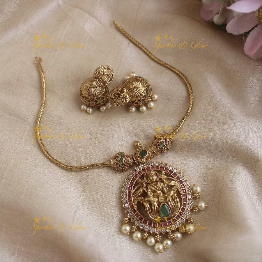 Idol Lakshmi Lotus pendant short necklace-Multi - Sparkle and Glow