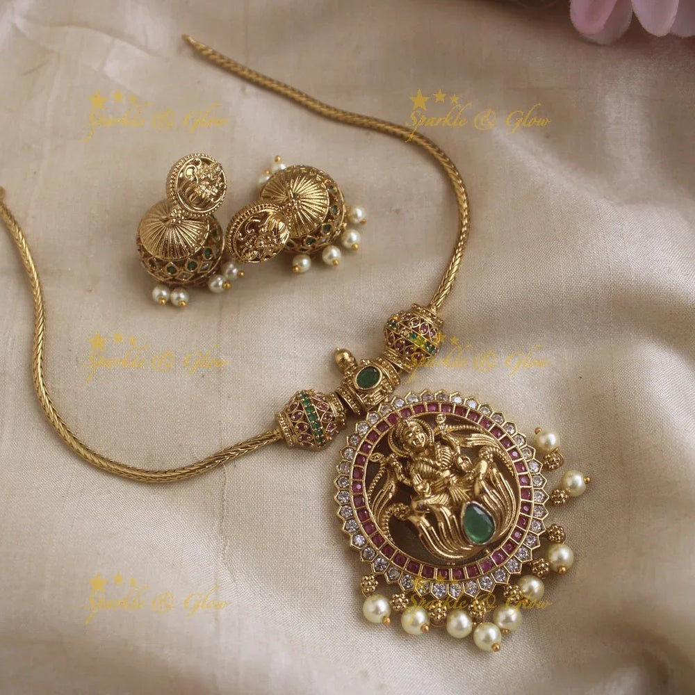 Idol Lakshmi Lotus pendant short necklace-Multi - Sparkle and Glow
