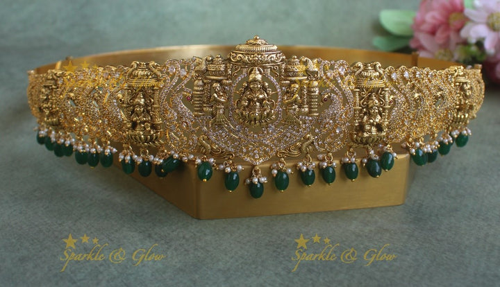Grand Idol Lakshmi Peacock carved Hipbelt with Green beads and AD stones
