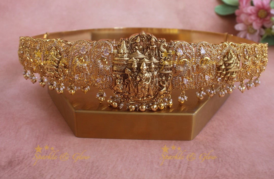 Grand Ramaparivar Peacock design Hipbelt with Gold beads and AD stones