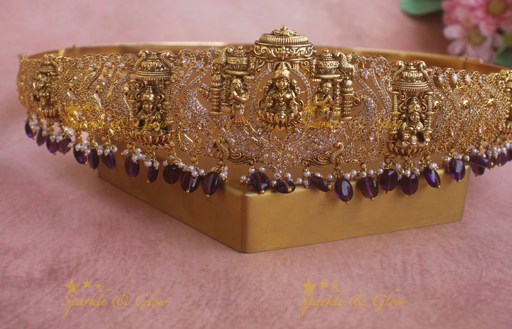 Grand Idol Lakshmi Peacock carved Hipbelt with Green beads and AD stones