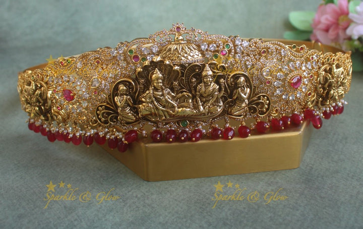 Grand Idol Lakshmi Narayana carved Hipbelt with Red beads