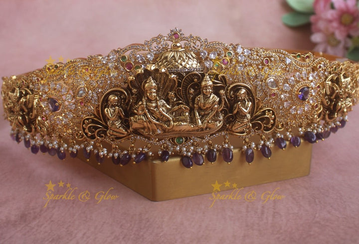 Grand Idol Lakshmi Narayana carved Hipbelt with Red beads