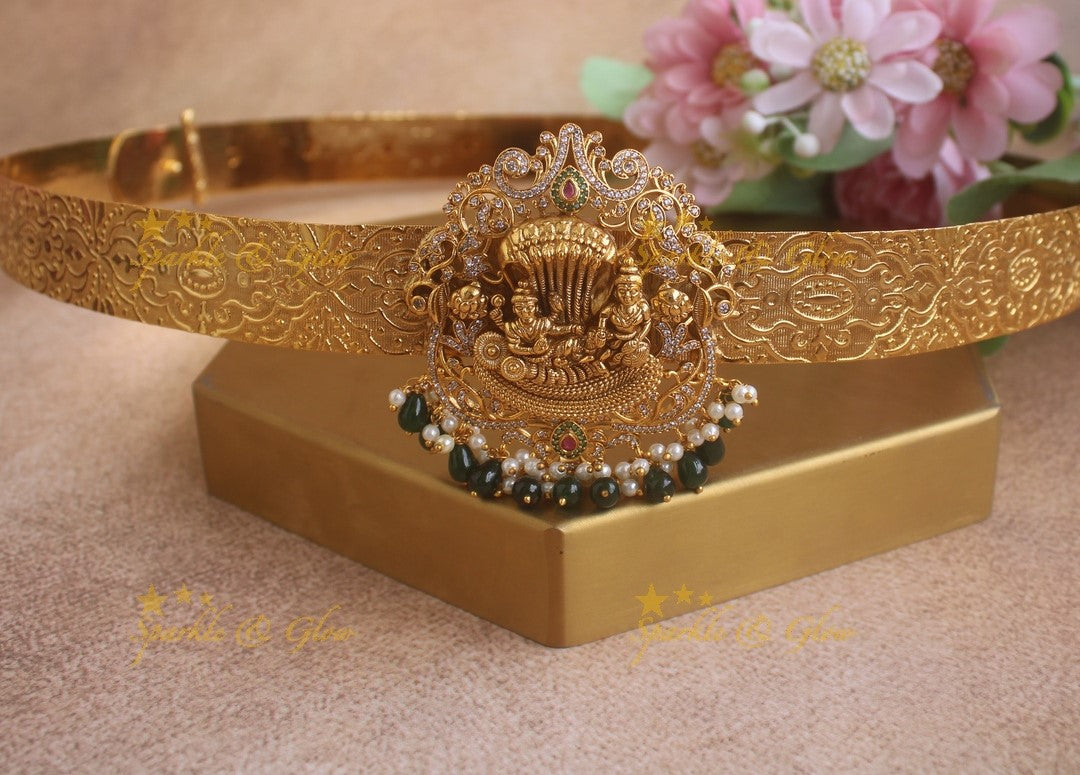 Idol Lakshmi Narayana Kailasa pendant carved plain Hipbelt with Green beads