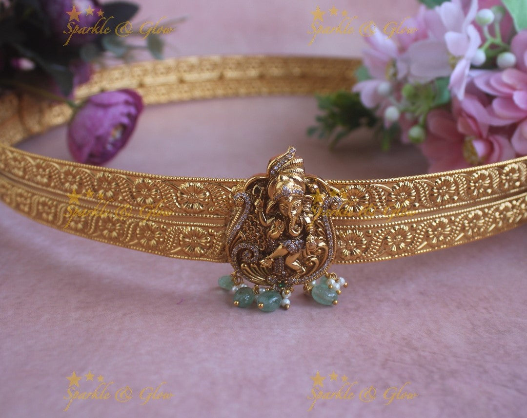 Beautiful Idol Ganesha Floral pendant carved plain Hipbelt with Mintgreen beads
