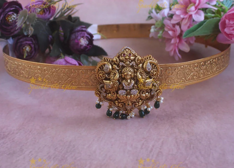 Elegant Idol Lakshmi Peacock pendant carved plain Hipbelt with Green beads - Sparkle and Glow