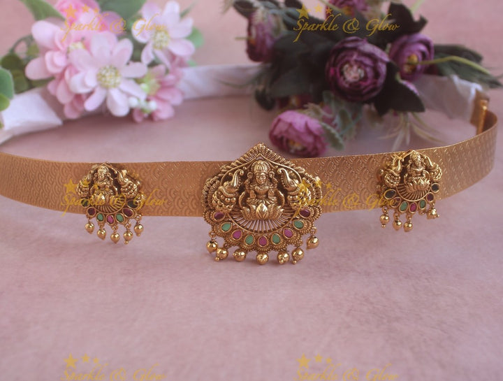 Sparkling Idol Lakshmi Elephant pendant carved plain Hipbelt with Gold beads