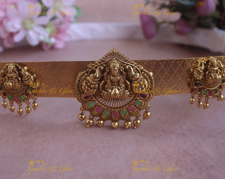 Sparkling Idol Lakshmi Elephant pendant carved plain Hipbelt with Gold beads