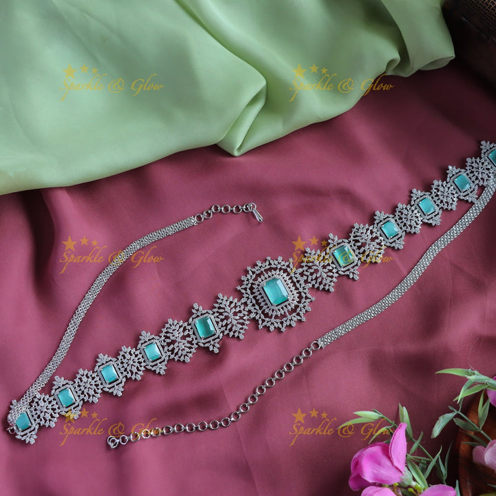Sparkling American Diamond Square stone Floral Hipchain-Mintgreen