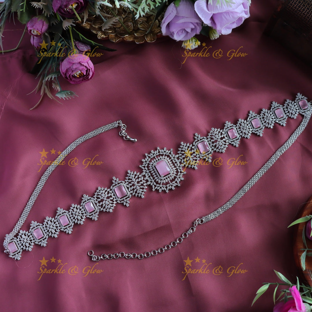 Sparkling American Diamond Square stone Floral Hipchain-Mintgreen