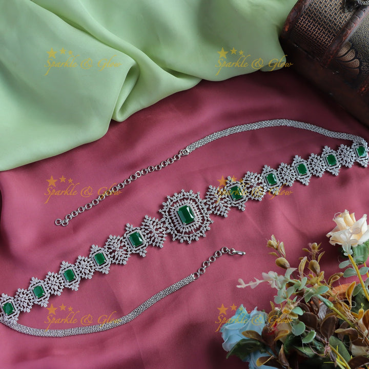 Sparkling American Diamond Square stone Floral Hipchain-Mintgreen