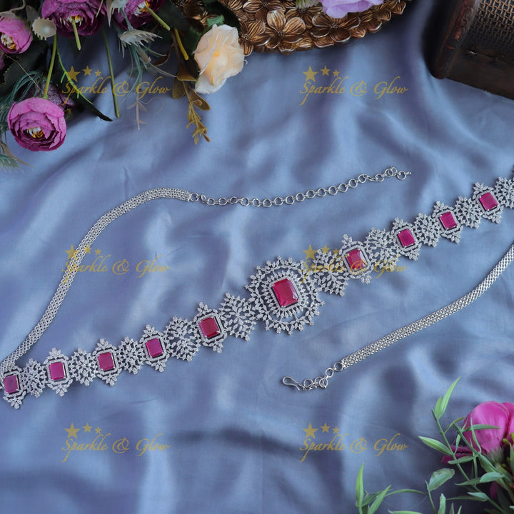 Sparkling American Diamond Square stone Floral Hipchain-Mintgreen