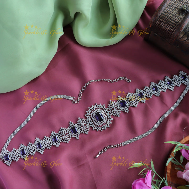 Sparkling American Diamond Square stone Floral Hipchain-Mintgreen