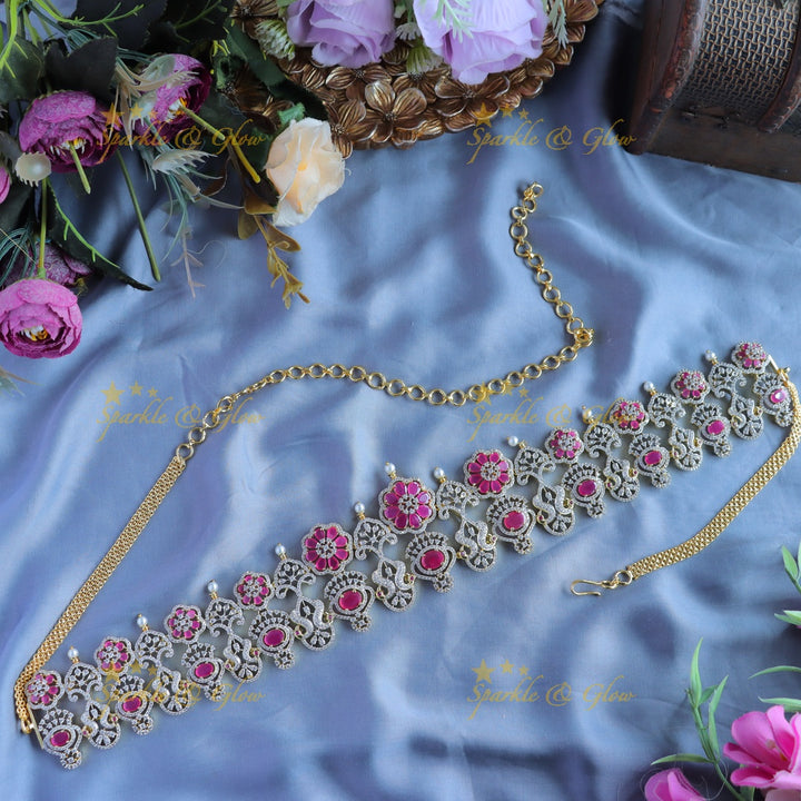 Gracious Peacock Floral American diamond Hipchain-Pink