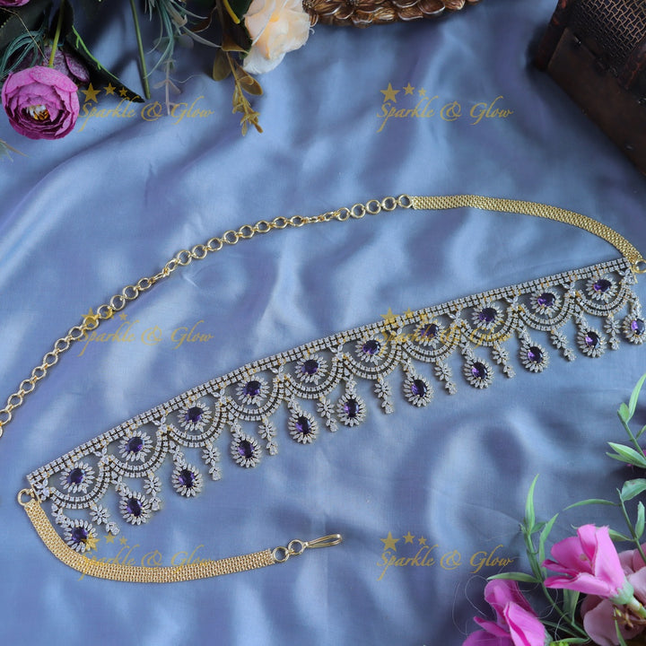 Elegant Floral Layered American diamond Hipchain-Blue
