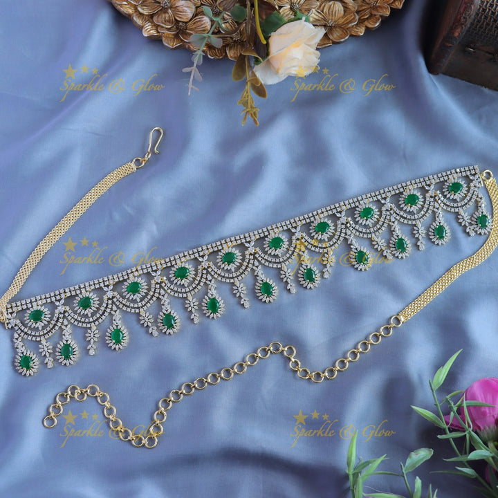 Elegant Floral Layered American diamond Hipchain-Blue