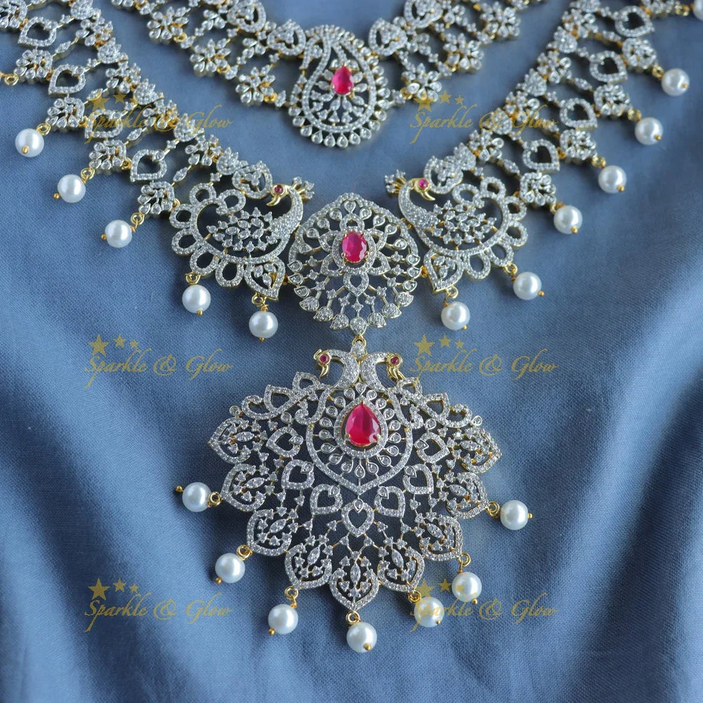 Gracious Peacock Mango two layered American diamond Haram - Sparkle and Glow