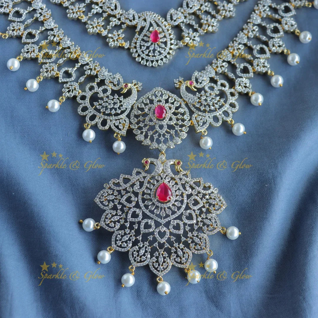Gracious Peacock Mango two layered American diamond Haram - Sparkle and Glow