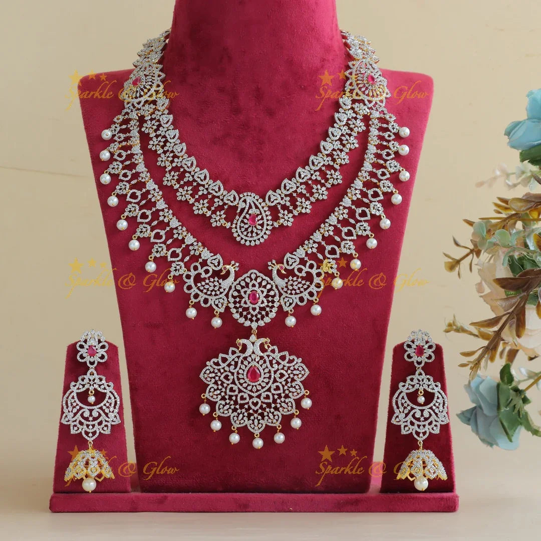Gracious Peacock Mango two layered American diamond Haram - Sparkle and Glow