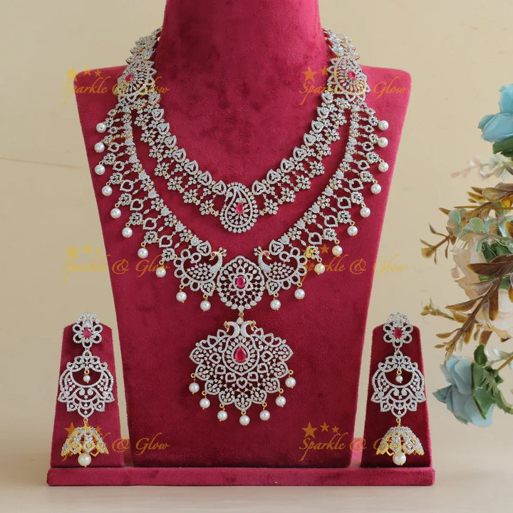 Gracious Peacock Mango two layered American diamond Haram - Sparkle and Glow