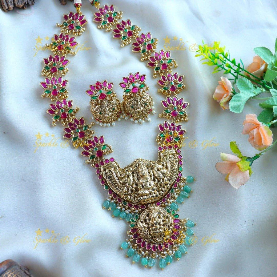 Grand Intricate Lakshmi Lotus design haram with ruby emerald and mint green beads - Sparkle and Glow