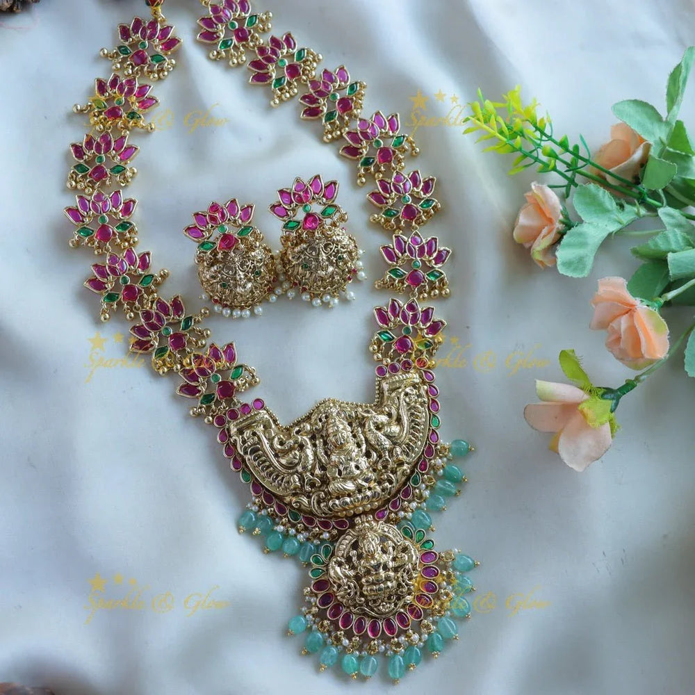 Grand Intricate Lakshmi Lotus design haram with ruby emerald and mint green beads - Sparkle and Glow