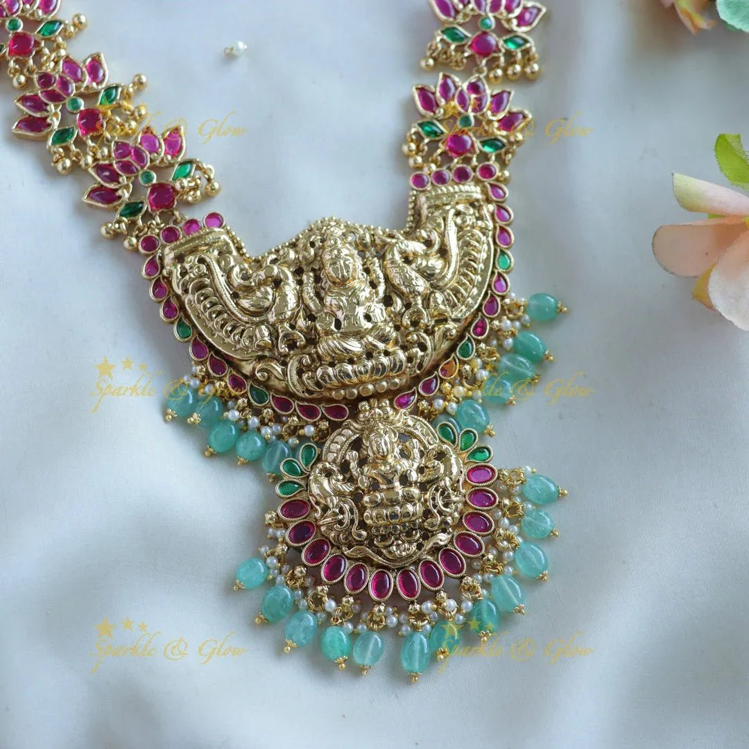 Grand Intricate Lakshmi Lotus design haram with ruby emerald and mint green beads - Sparkle and Glow