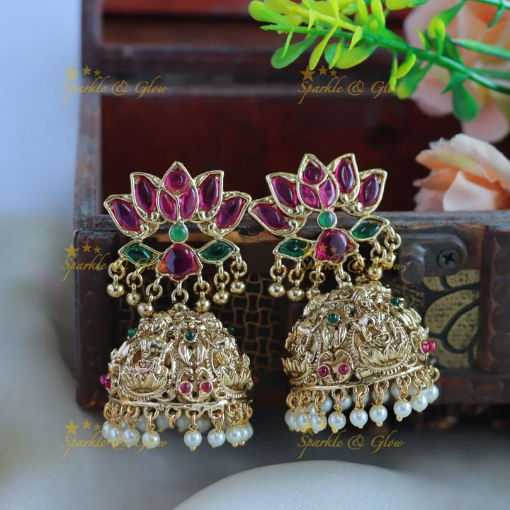Grand Intricate Lakshmi Lotus design haram with ruby emerald and mint green beads - Sparkle and Glow