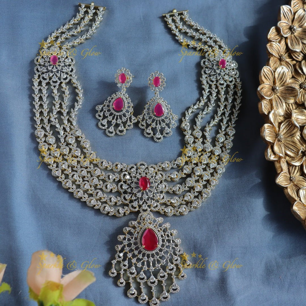 Grand Five Layered Floral Pendant American Diamond Haram - Ruby - Sparkle and Glow - Back Thread - 