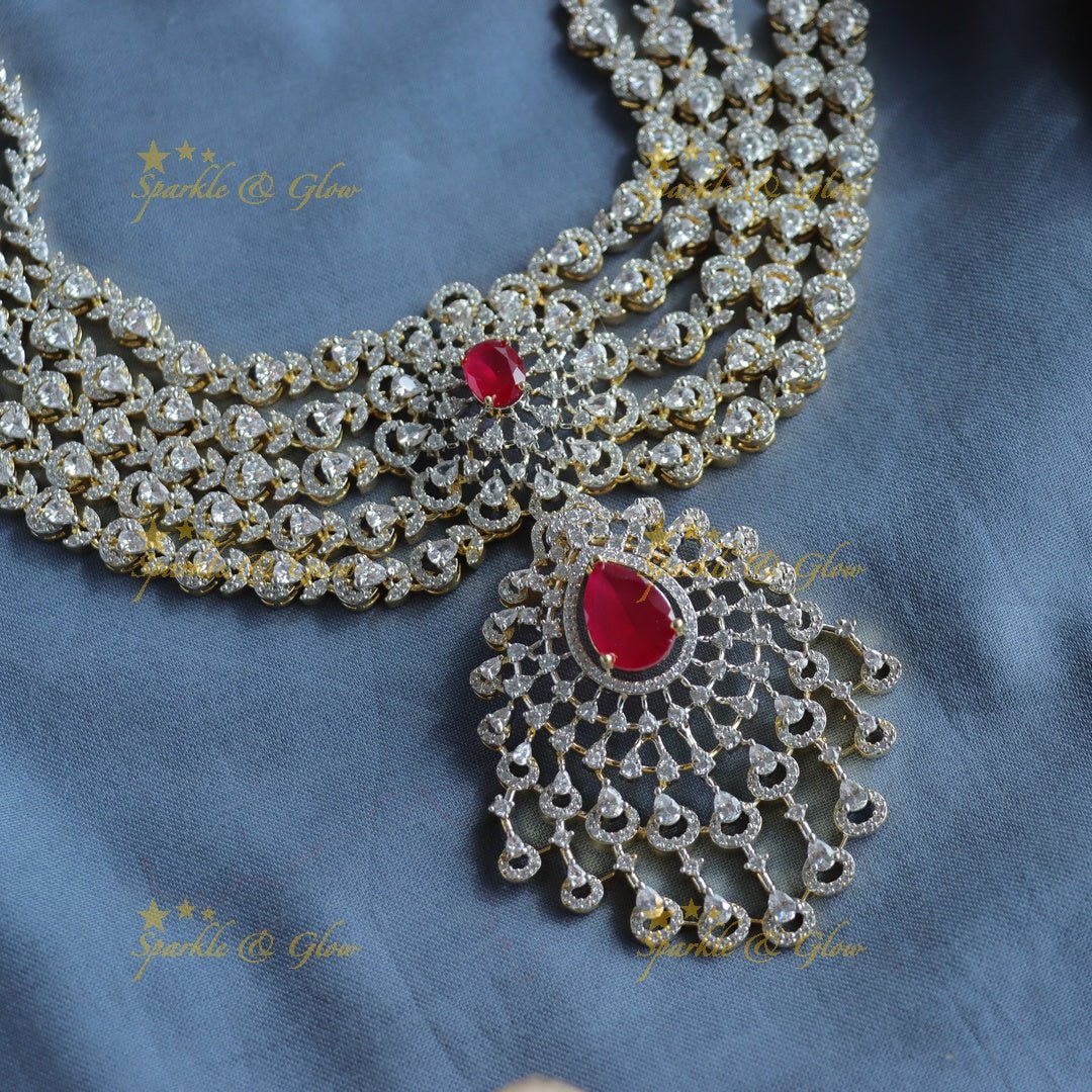 Grand Five Layered Floral Pendant American Diamond Haram - Ruby - Sparkle and Glow - Back Thread - 