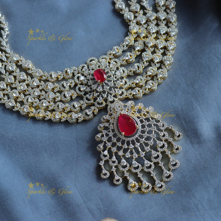 Grand Five Layered Floral Pendant American Diamond Haram - Ruby - Sparkle and Glow - Back Thread - 