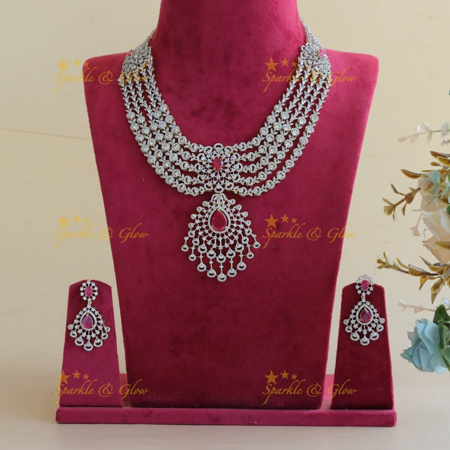 Grand Five Layered Floral Pendant American Diamond Haram - Ruby - Sparkle and Glow - Back Thread - 