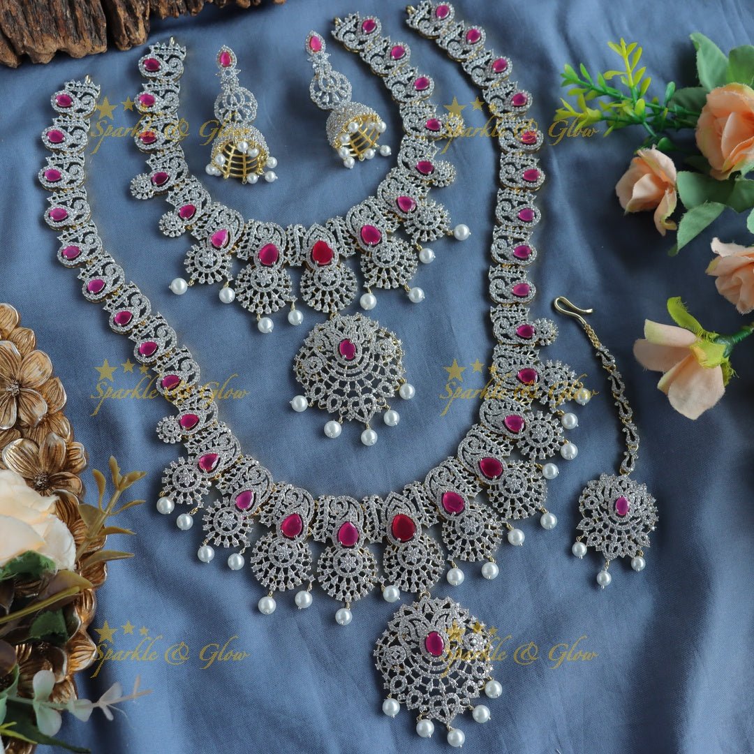 Grand Lotus Floral pendant GJ polish Semi bridal set with tikka - Ruby - Sparkle and Glow - Back Thread - 
