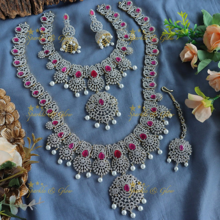 Grand Lotus Floral pendant GJ polish Semi bridal set with tikka - Ruby - Sparkle and Glow - Back Thread - 