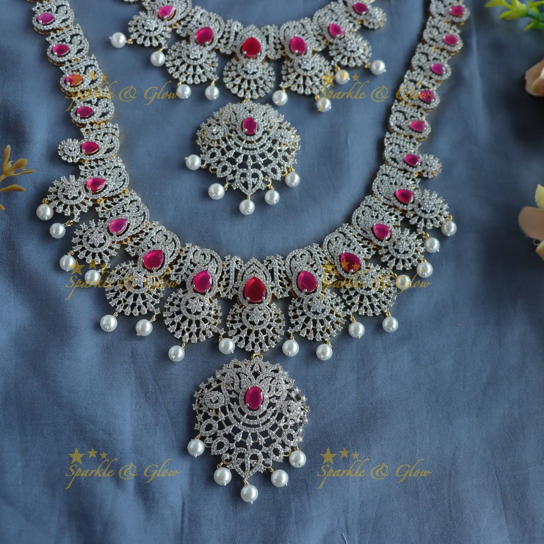 Grand Lotus Floral pendant GJ polish Semi bridal set with tikka - Ruby - Sparkle and Glow - Back Thread - 