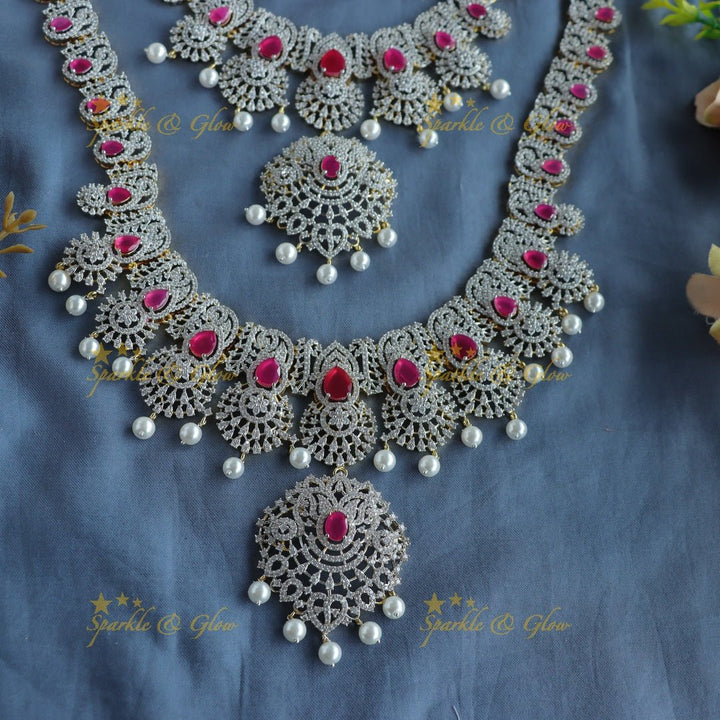 Grand Lotus Floral pendant GJ polish Semi bridal set with tikka - Ruby - Sparkle and Glow - Back Thread - 