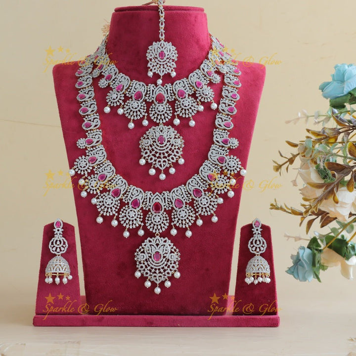 Grand Lotus Floral pendant GJ polish Semi bridal set with tikka - Ruby - Sparkle and Glow - Back Thread - 