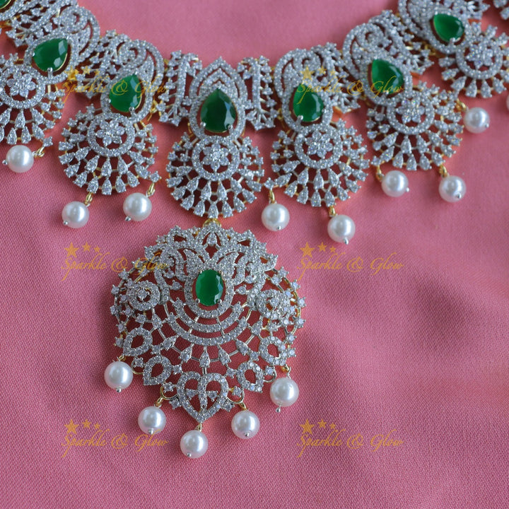Grand Lotus Floral pendant AD silver finish Semi bridal set with tikka-Green
