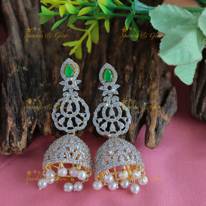 Grand Lotus Floral pendant AD silver finish Semi bridal set with tikka-Green