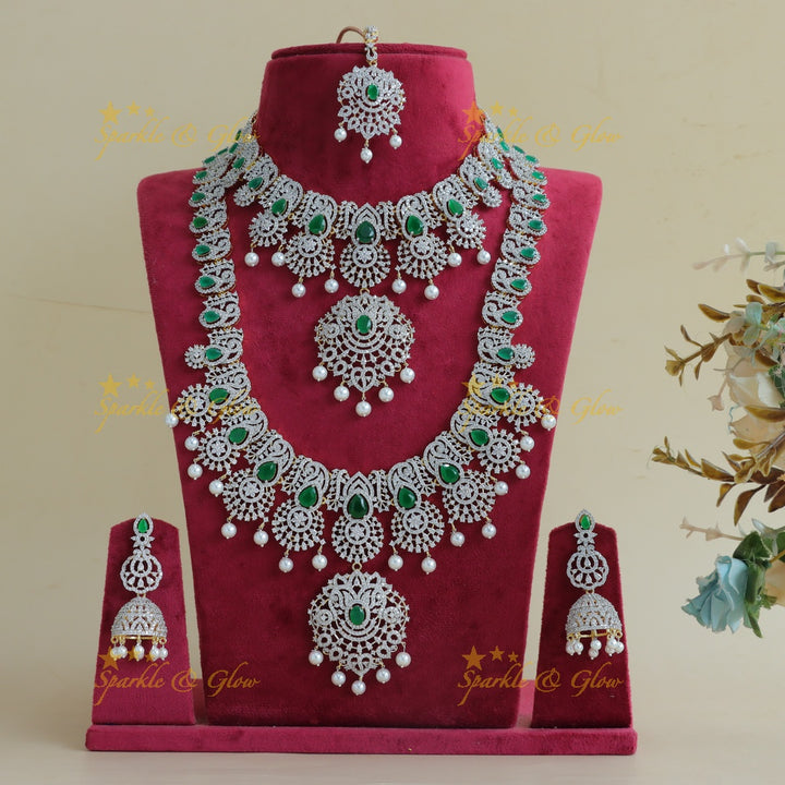 Grand Lotus Floral pendant AD silver finish Semi bridal set with tikka-Green