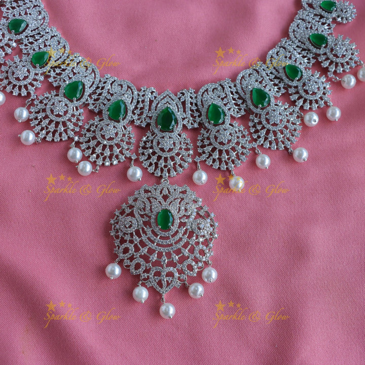 Grand Lotus Floral pendant GJ polish Semi bridal set with tikka-Green