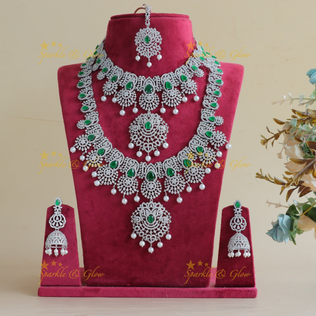 Grand Lotus Floral pendant GJ polish Semi bridal set with tikka-Green