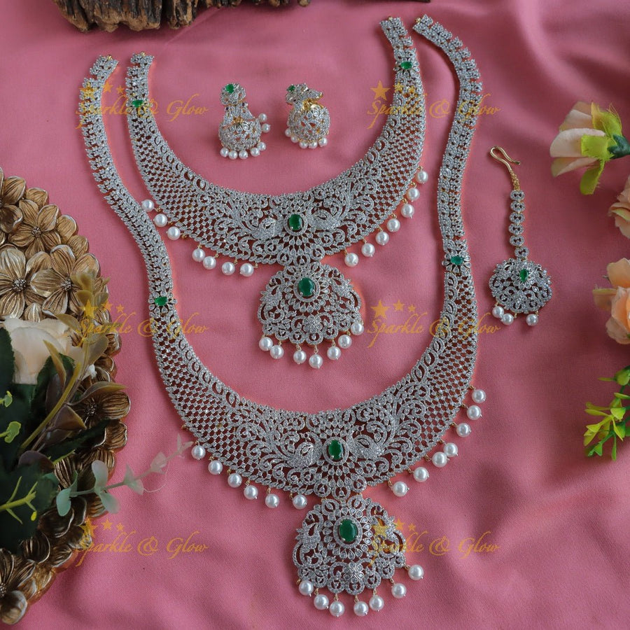 Elegant Dancing peacock floral design GJ polish Semi bridal set with tikka - Green - Sparkle and Glow - Back Thread - 